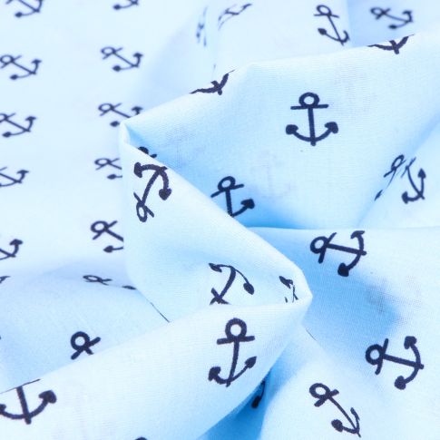 Tissu Coton imprimé Ancre marine sur fond Bleu ciel