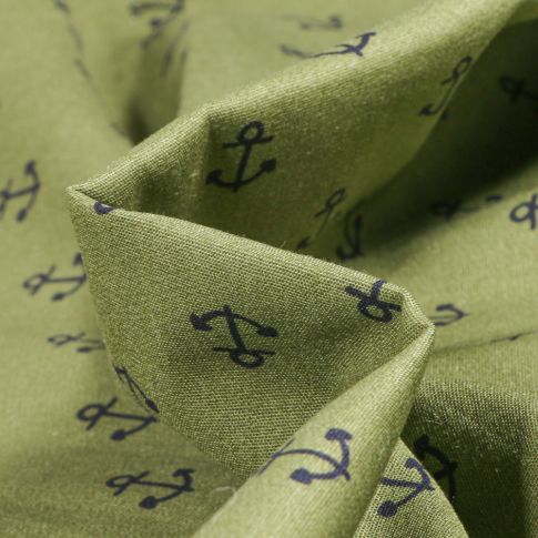Tissu Coton imprimé Ancre marine sur fond Vert kaki