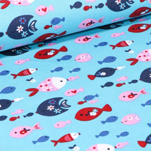 Tissu Coton imprimé LittleBird Fish sur fond Bleu