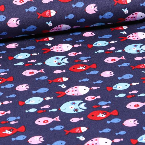 Tissu Coton imprimé LittleBird Fish sur fond Bleu marine