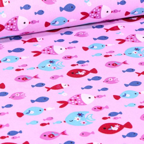 Tissu Coton imprimé LittleBird Fish sur fond Rose