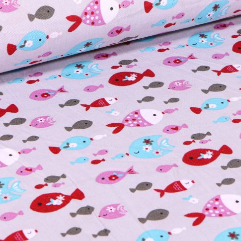 Tissu Coton imprimé LittleBird Fish sur fond Gris