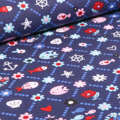 Tissu Coton imprimé LittleBird Poissons et fleurs sur fond Bleu marine