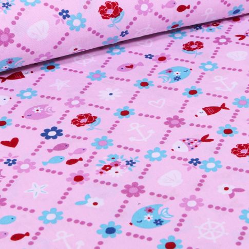 Tissu Coton imprimé LittleBird Poissons et fleurs sur fond Rose