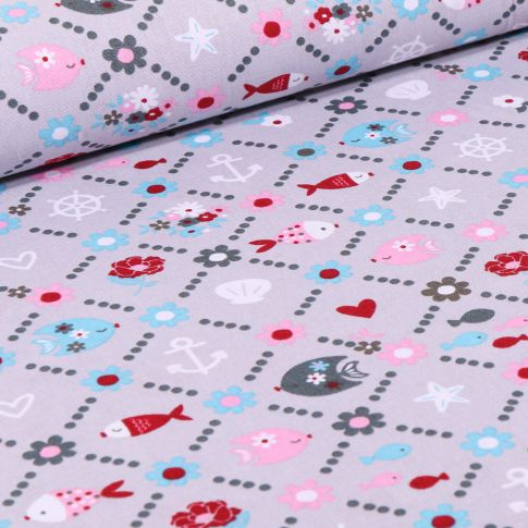 Tissu Coton imprimé LittleBird Poissons et fleurs sur fond Gris
