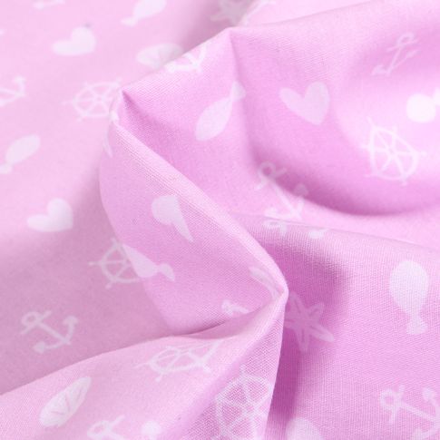 Tissu Coton imprimé Motifs marins et coeurs sur fond Rose
