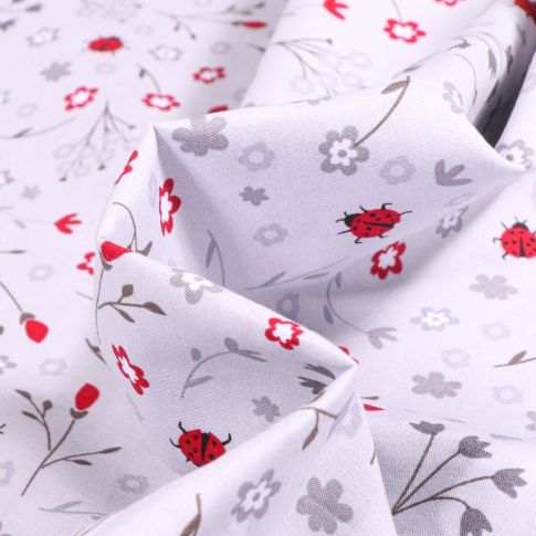 Tissu Coton imprimé  LittleBird Coccinelle et fleurs sur fond Gris clair