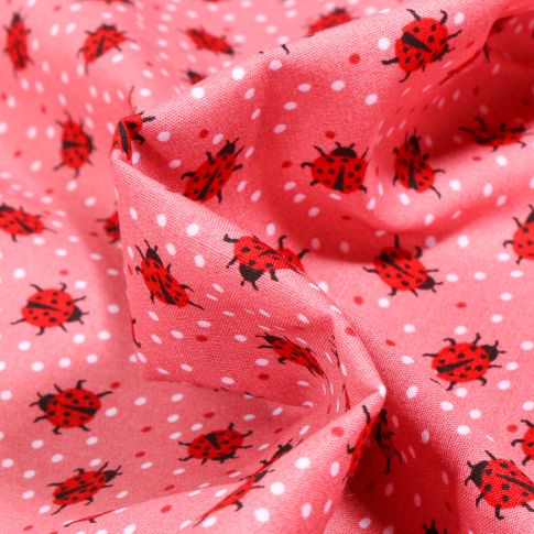 Tissu Coton imprimé LittleBird Coccinelle et petits pois sur fond Rose