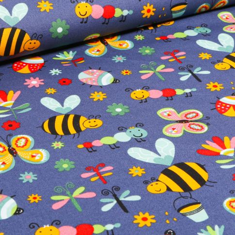 Tissu Coton imprimé LittleBird Insectes colorés sur fond Bleu