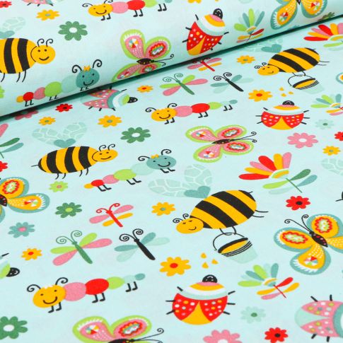 Tissu Coton imprimé LittleBird Insectes colorés sur fond Vert menthe clair
