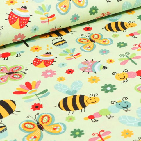 Tissu Coton imprimé LittleBird Insectes colorés sur fond Vert pâle