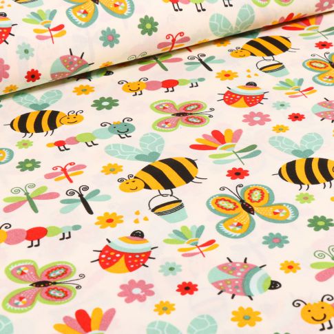 Tissu Coton imprimé LittleBird Insectes colorés sur fond Beige