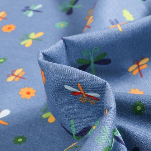 Tissu Coton imprimé LittleBird Papillons et fleurs colorés sur fond Bleu