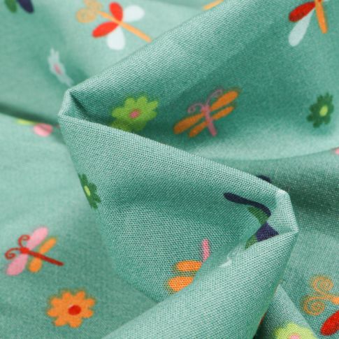 Tissu Coton imprimé LittleBird Papillons et fleurs colorés sur fond Vert