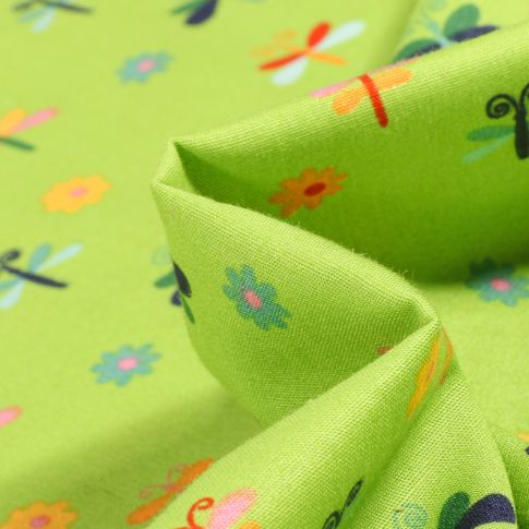 Tissu Coton imprimé LittleBird Papillons et fleurs colorés sur fond Vert anis