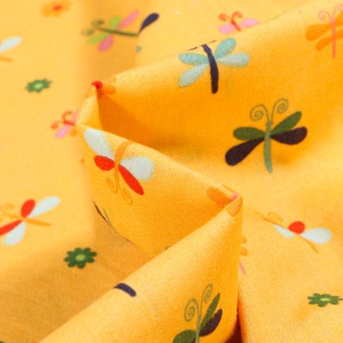 Tissu Coton imprimé LittleBird Papillons et fleurs colorés sur fond Jaune