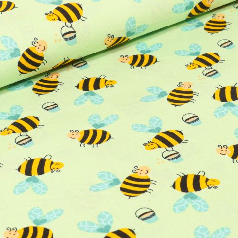Tissu Coton imprimé LittleBird Abeilles sur fond Vert anis
