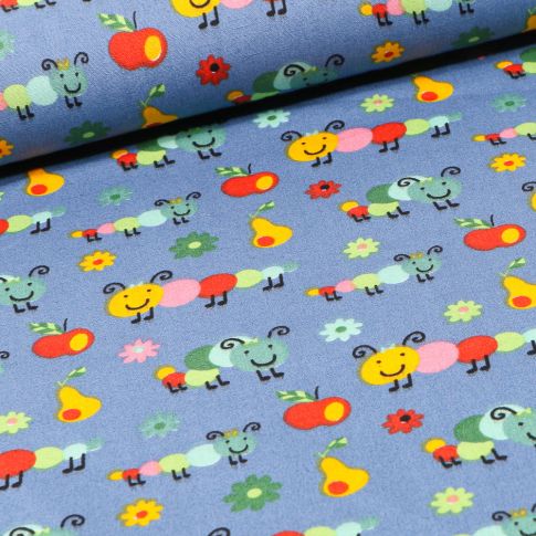 Tissu Coton imprimé LittleBird Chenilles et fruits sur fond Bleu