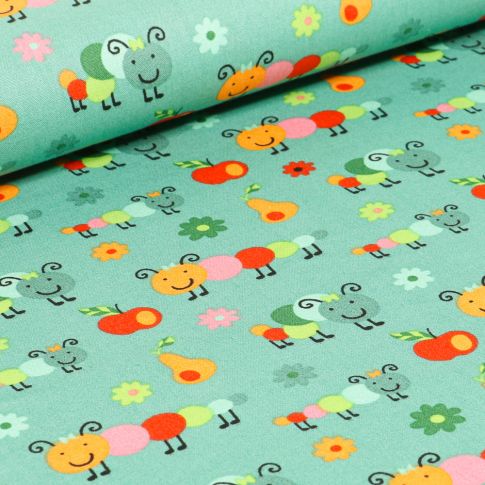 Tissu Coton imprimé LittleBird Chenilles et fruits sur fond Vert menthe