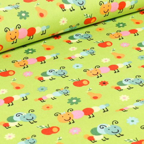 Tissu Coton imprimé LittleBird Chenilles et fruits sur fond Vert anis
