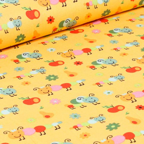 Tissu Coton imprimé LittleBird Chenilles et fruits sur fond Jaune