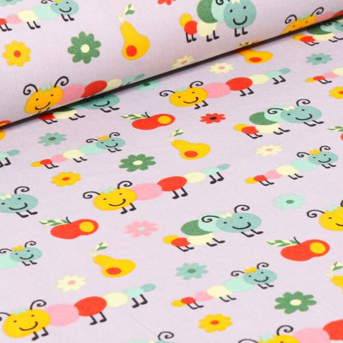 Tissu Coton imprimé LittleBird Chenilles et fruits sur fond Gris clair
