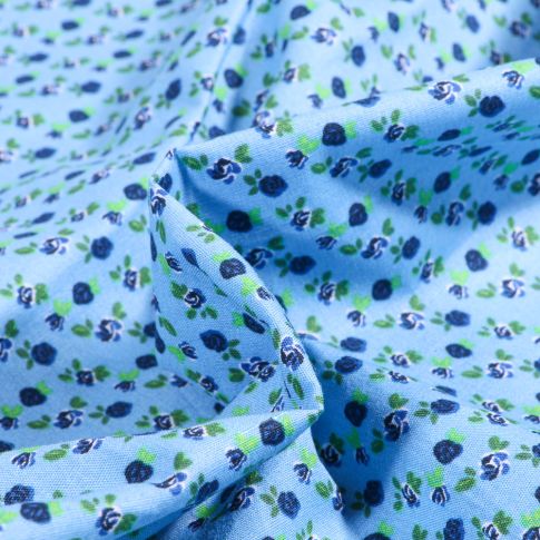 Tissu Coton imprimé Rosa sur fond Bleu