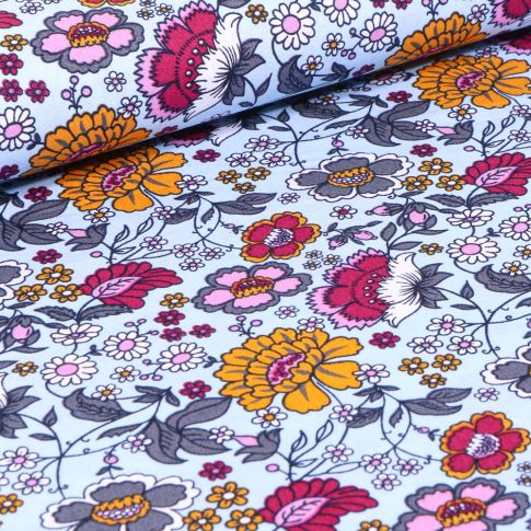 Tissu Coton imprimé LittleBird Mille fleurs sur fond Bleu ciel