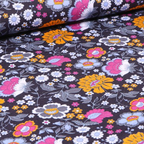 Tissu Coton imprimé LittleBird Mille fleurs sur fond Bleu marine