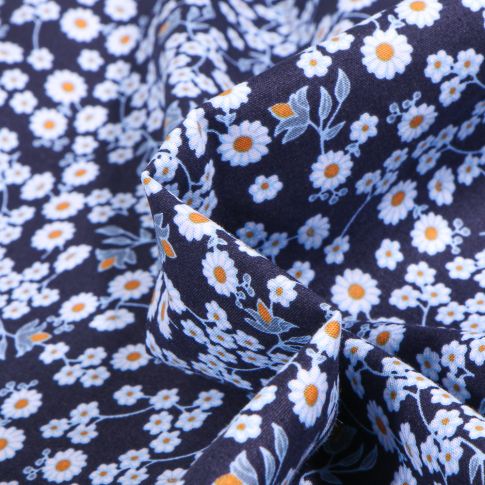 Tissu Coton imprimé LittleBird Pâquerettes et fleurs sur fond Bleu marine