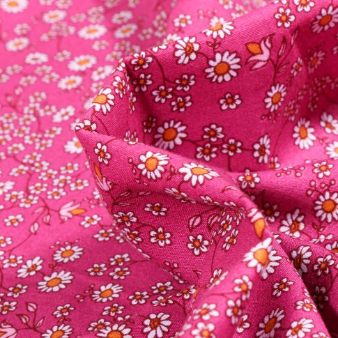 Tissu Coton imprimé LittleBird Pâquerettes et fleurs sur fond Rose fuchsia