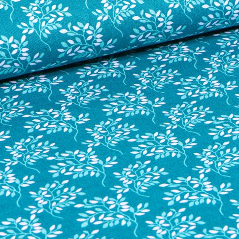 Tissu Coton imprimé LittleBird Branches fleuris sur fond Bleu turquoise