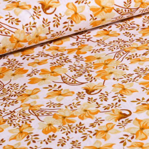 Tissu Coton imprimé LittleBird Camaïeu de Fleurs ocre sur fond Blanc