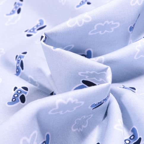 Tissu Coton imprimé LittleBird Avions et nuages sur fond Bleu ciel