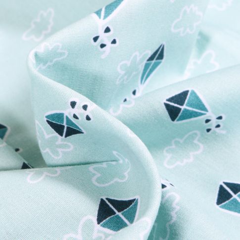 Tissu Coton imprimé Cerf volant et nuage sur fond Vert menthe
