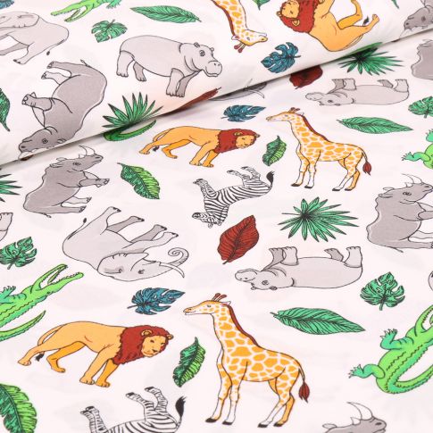 Tissu Coton imprimé Animaux de la savane sur fond Blanc