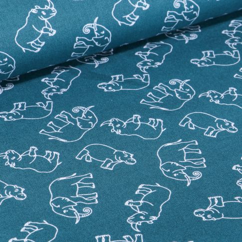 Tissu Coton imprimé Elephants sur fond Bleu pétrole