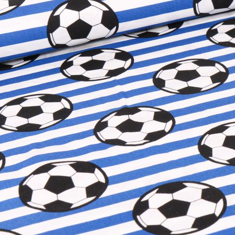 Tissu Coton imprimé Ballons de foot et rayures bleues sur fond Blanc