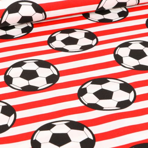 Tissu Coton imprimé Ballons de foot et rayures rouge sur fond Blanc