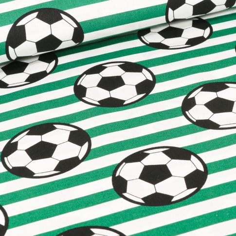 Tissu Coton imprimé Ballons de foot et rayures vertes sur fond Blanc