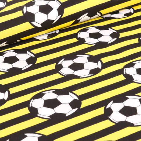Tissu Coton imprimé Ballons de foot et rayures noires sur fond Jaune