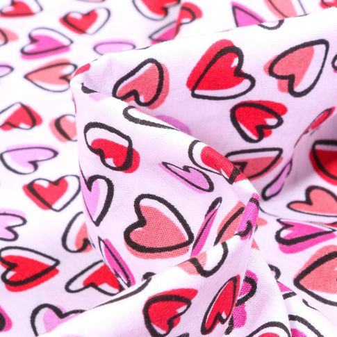 Tissu Coton imprimé LittleBird Coeurs rose et rouge sur fond Blanc