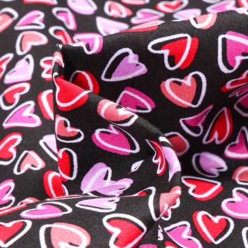 Tissu Coton imprimé LittleBird Coeurs rose et rouge sur fond Noir