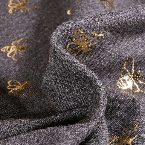 Tissu Jersey Coton Abeilles métallisées dorées sur fond Gris anthracite