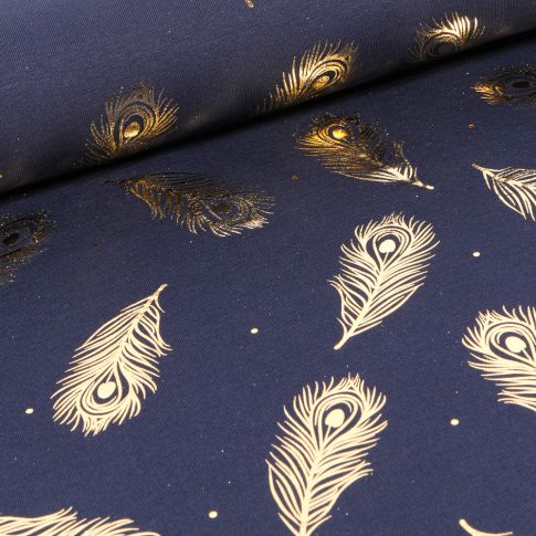 Tissu Jersey Coton Plumes métallisées sur fond Bleu marine