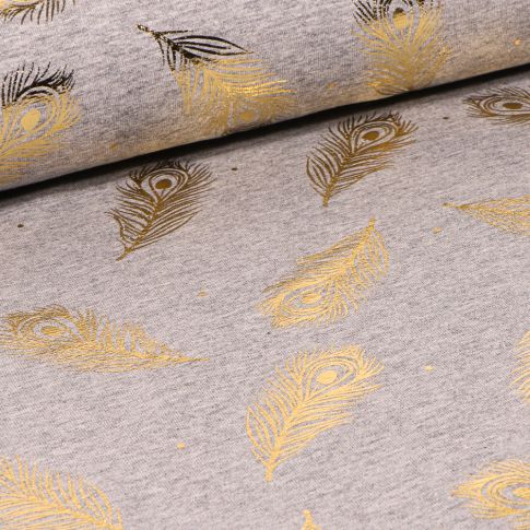 Tissu Jersey Coton Plumes métallisées sur fond Gris clair chiné