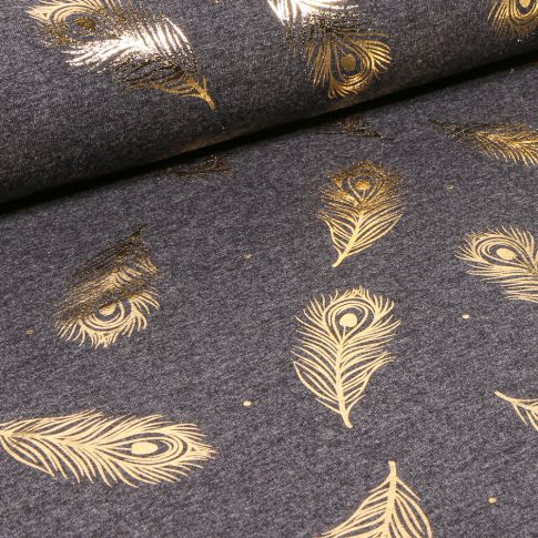 Tissu Jersey Coton Plumes métallisées sur fond Gris chiné