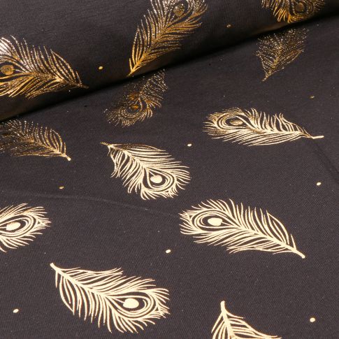 Tissu Jersey Coton Plumes métallisées sur fond Noir