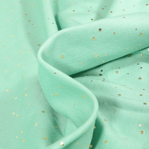 Tissu Jersey Coton Alba Pois dorés sur fond Vert menthe