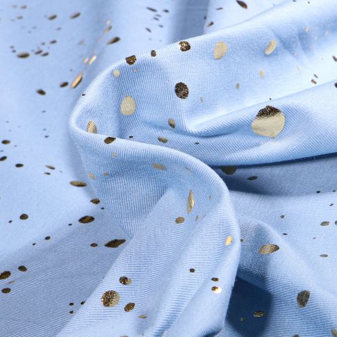 Tissu Jersey Coton Pois métallisés dorés sur fond Bleu ciel